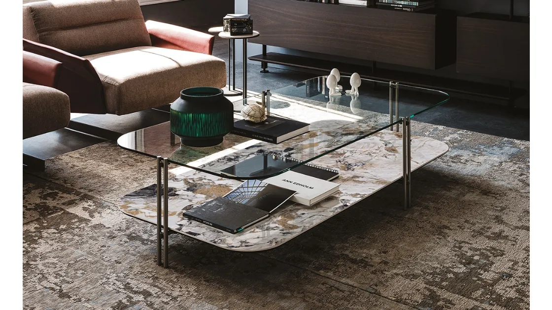 Tavolino con piano superiore in cristallo e piano inferiore in ceramica Biplane di Cattelan Italia