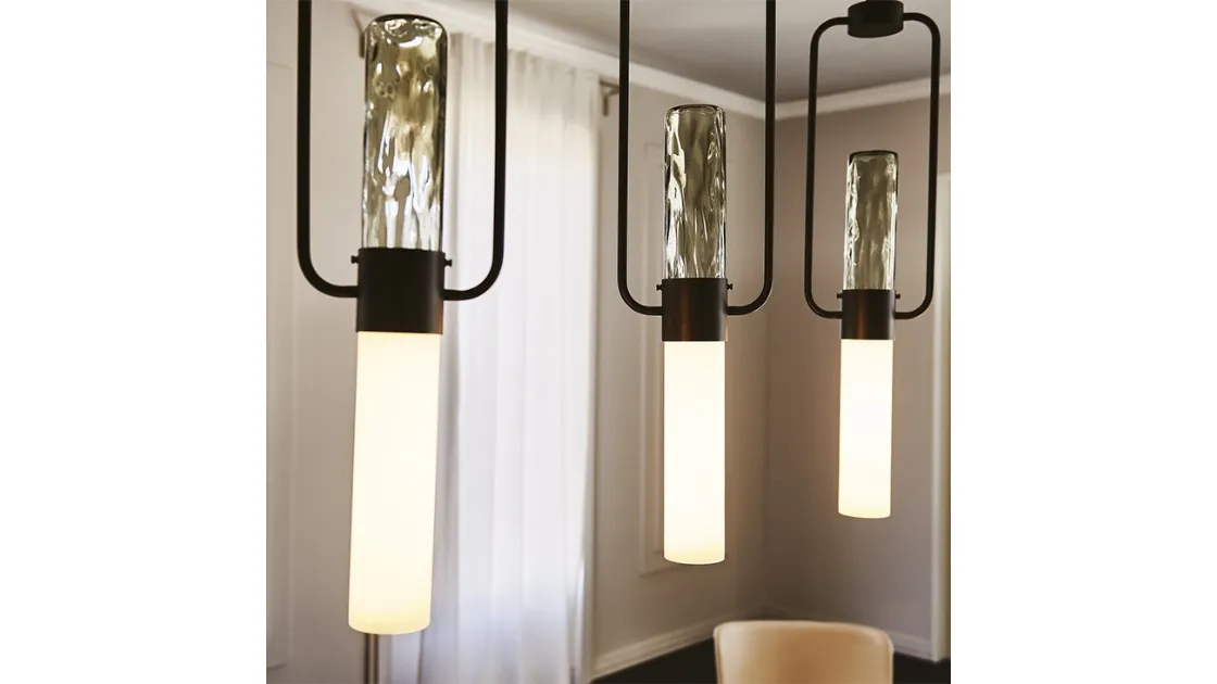 Lampada a sospensione in ferro brunito con paralume in vetro Bamboo di Cattelan Italia