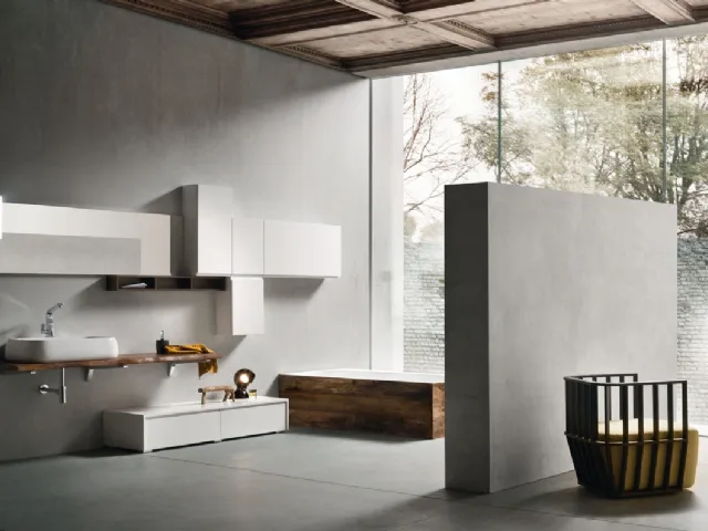 Mobile da Bagno sospeso in legno con pensili e mobile a terra in laccato bianco lucido con lavabo in ceramica JACANA LUXURY JA32 di Compab