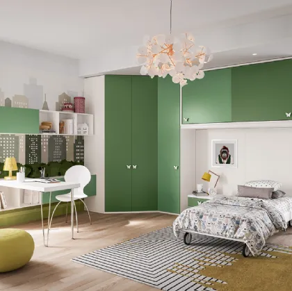 Cameretta componibile Job CM233 in nobilitato Bianco, Verde Salvia e Verde Giava di Giessegi