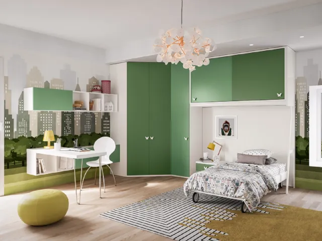 Cameretta componibile Job CM233 in nobilitato Bianco, Verde Salvia e Verde Giava di Giessegi