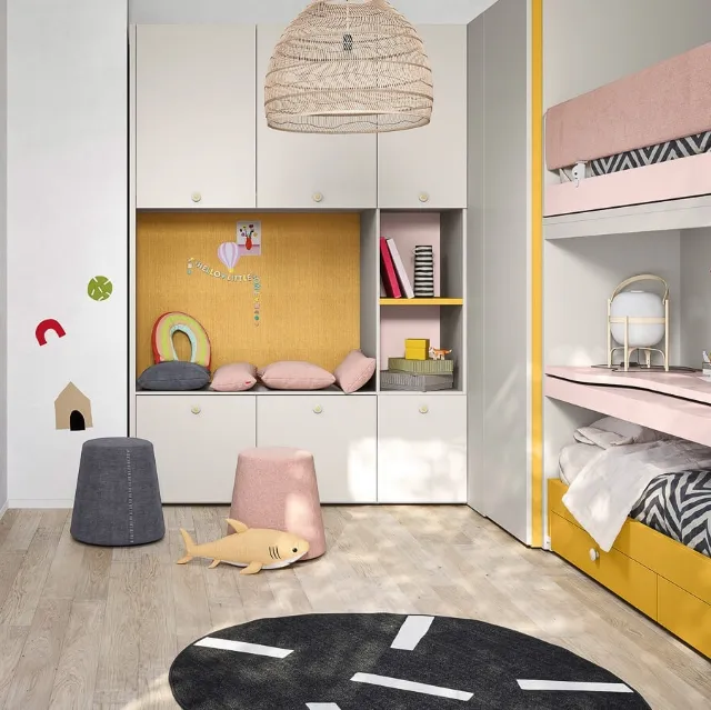 Cameretta con letti a casello e scrivania estraibile Kids space 15 di Nidi