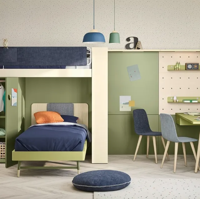 Cameretta a soppalco con scrivania Kids space 11 in melaminico di Nidi