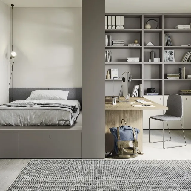 Cameretta componibile con letto su cassettone, scrivania e ampia libreria Next space 02 di Nidi