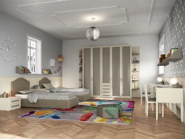 Cameretta componibile con due letti, due scrivanie e armadio con librerie terminali Old CM255 di Giessegi