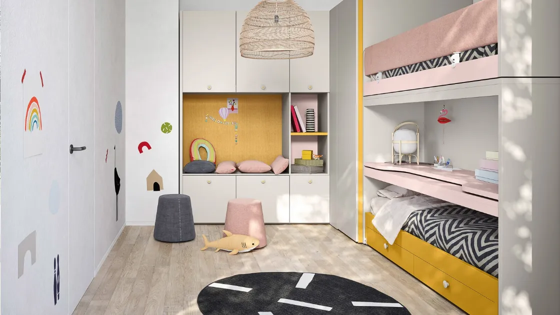 Cameretta con letti a castello, piano scrivania estraibile, armadio a muro Kids space 15 di Nidi