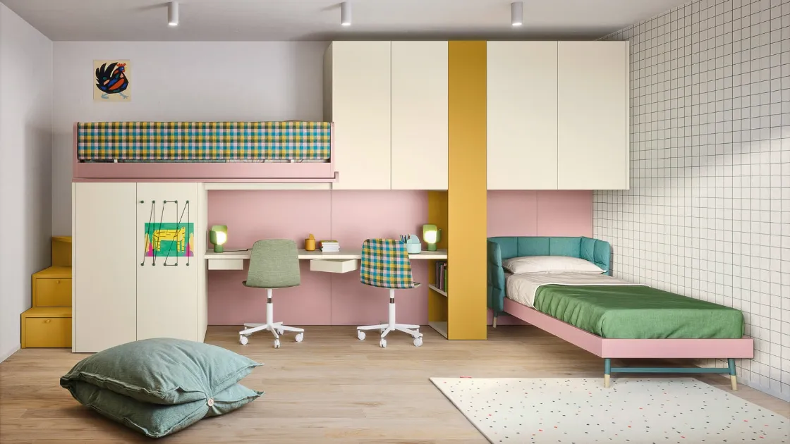 Cameretta in laccato opaco con letto ad angolo e a castello Kids space 16 di Nidi