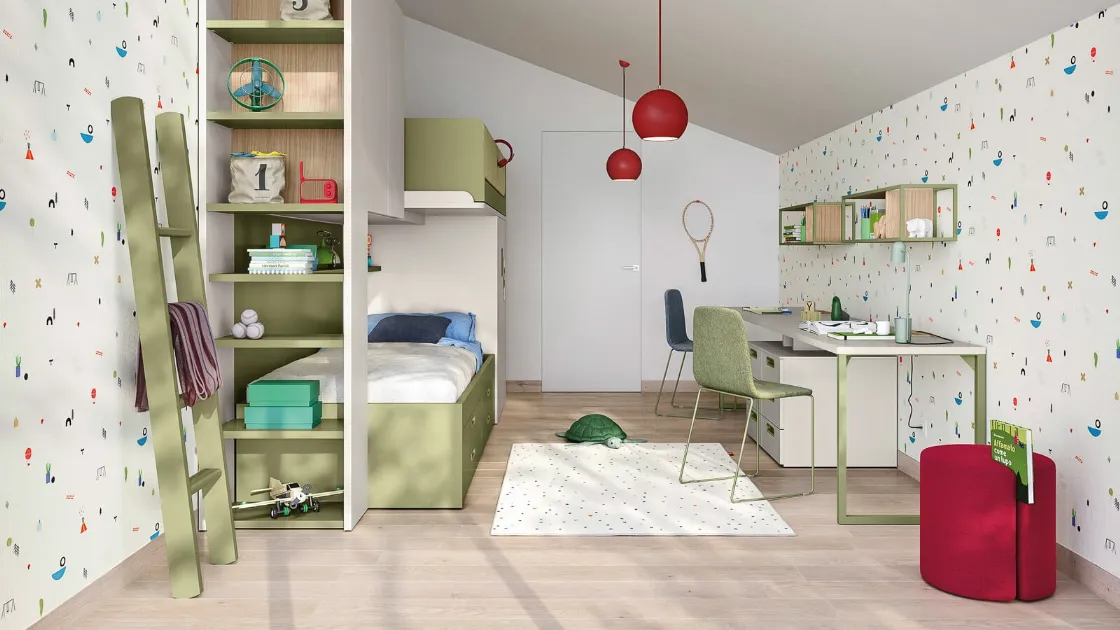 Cameretta in laccato opaco color luna e pistacchio con letti a castello Kids space 17 di Nidi