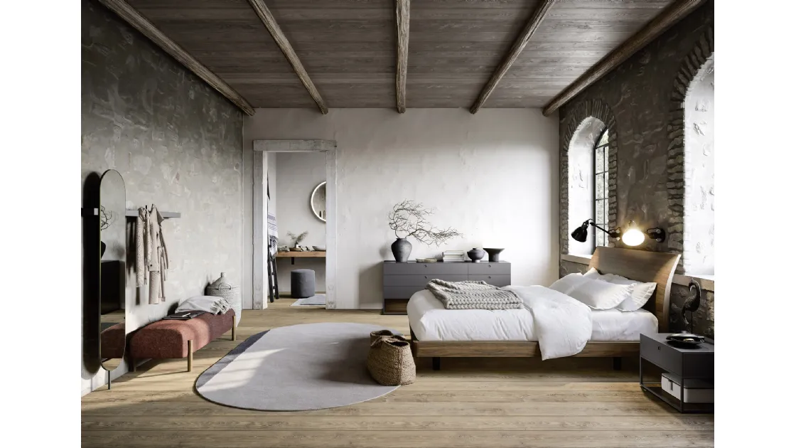 Letto in melaminico Noce con testiera arcuata Bend di Novamobili