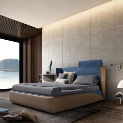 Letto di design con doppio rivestimento in pelle e tessuto e box contenitore Relax di Novaluna