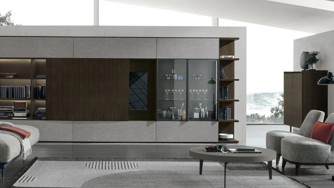 Parete Attrezzata Atlante UNIT AT211 in materico rovere moka, legno rovere moka canettè e materico piasentina scuro di Tomasella