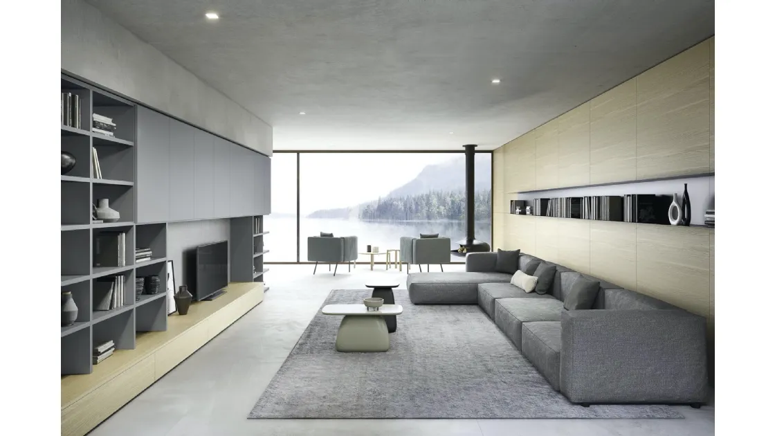 Parete Attrezzata Boiserie 05 in laccato opaco e legno impiallacciato Rovere Chiaro di Novamobili