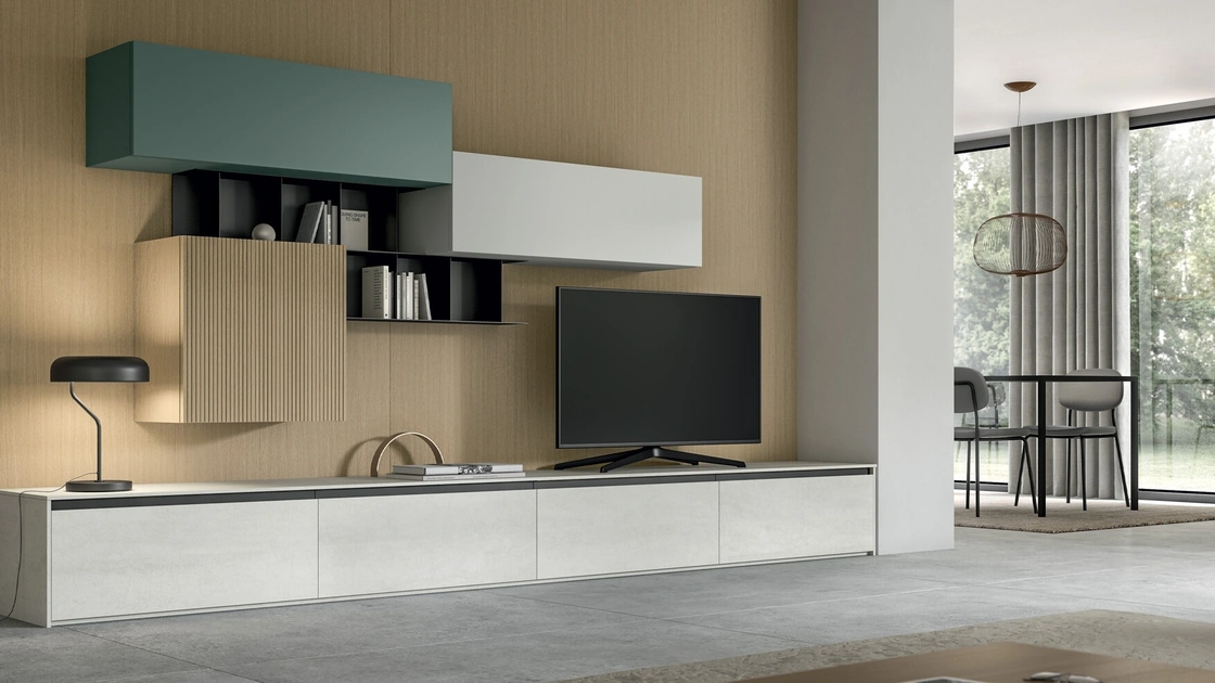 Parete Attrezzata Living Glass in laminam Pietra di Savoia e impiallacciato di Arredo3