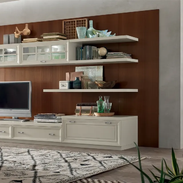 Parete Attrezzata MU454 con Boiserie Noce e finitura mobile Panna di Maronese Acf