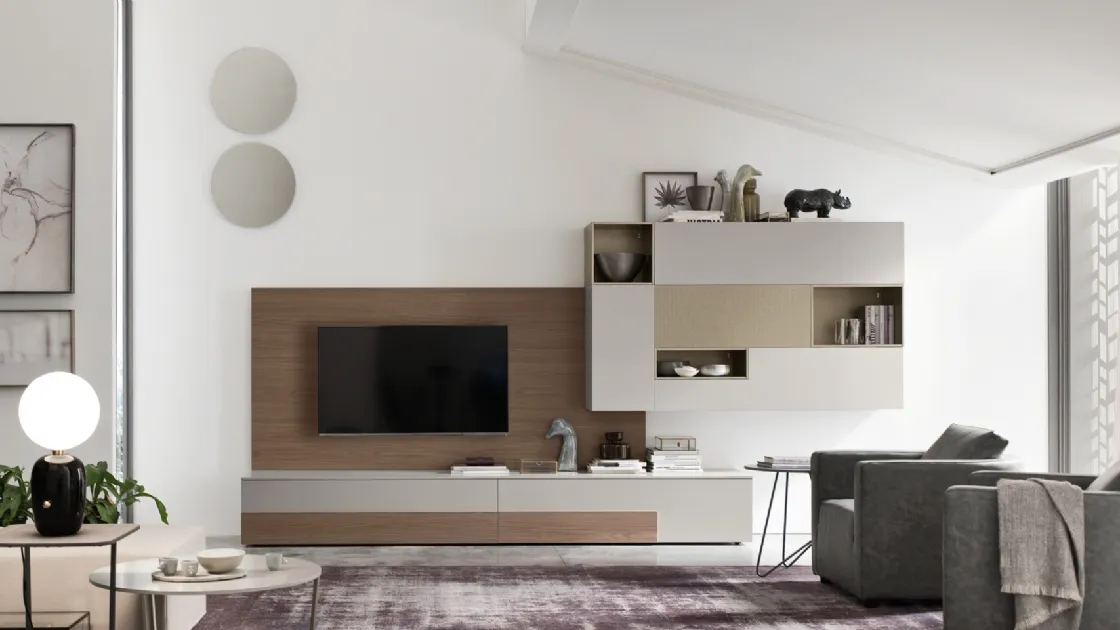 Parete Attrezzata Seta SA2207 in melaminico Rovere Avena e laccato opaco di Maronese Acf