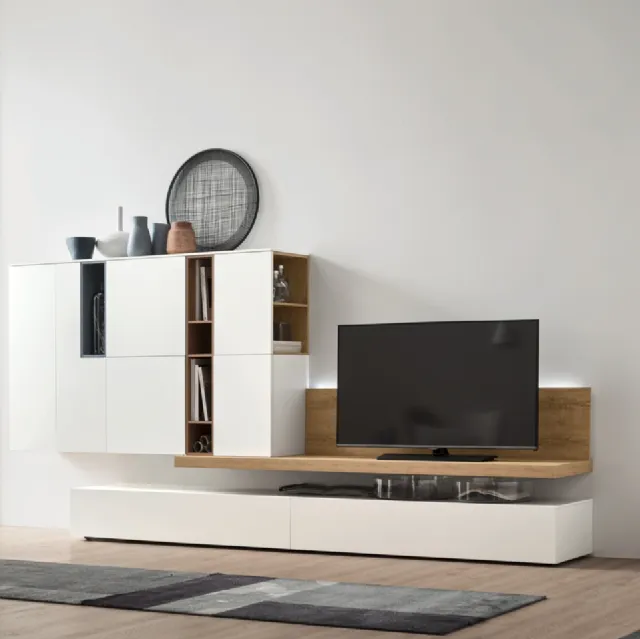 Parete Attrezzata Seta Unix SU2104 in melaminico Rovere nodato, Bianco e laccato opaco Cotto, Ceruleo di Maronese Acf