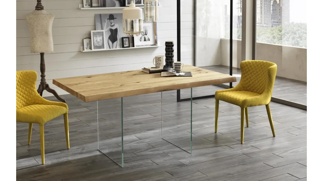 Tavolo allungabile con top in legno di pioppo e gambe in vetro temprato extratrasparente Snooker di Stones