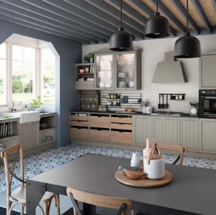 Cucina Classica angolare Contempo in Frassino Argilla e laccato opaco Argilla con cestoni in massello di Frassino di Creo