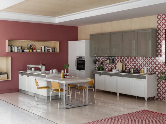 Cucina Classica Contempo con isola in laccato lucido Bianco e Grigio Piombo Creo