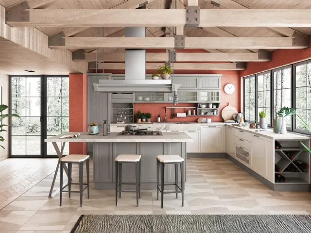 Cucina Classica Contempo in laccato Bianco Lucido e Frassino Grigio Argilla di Creo