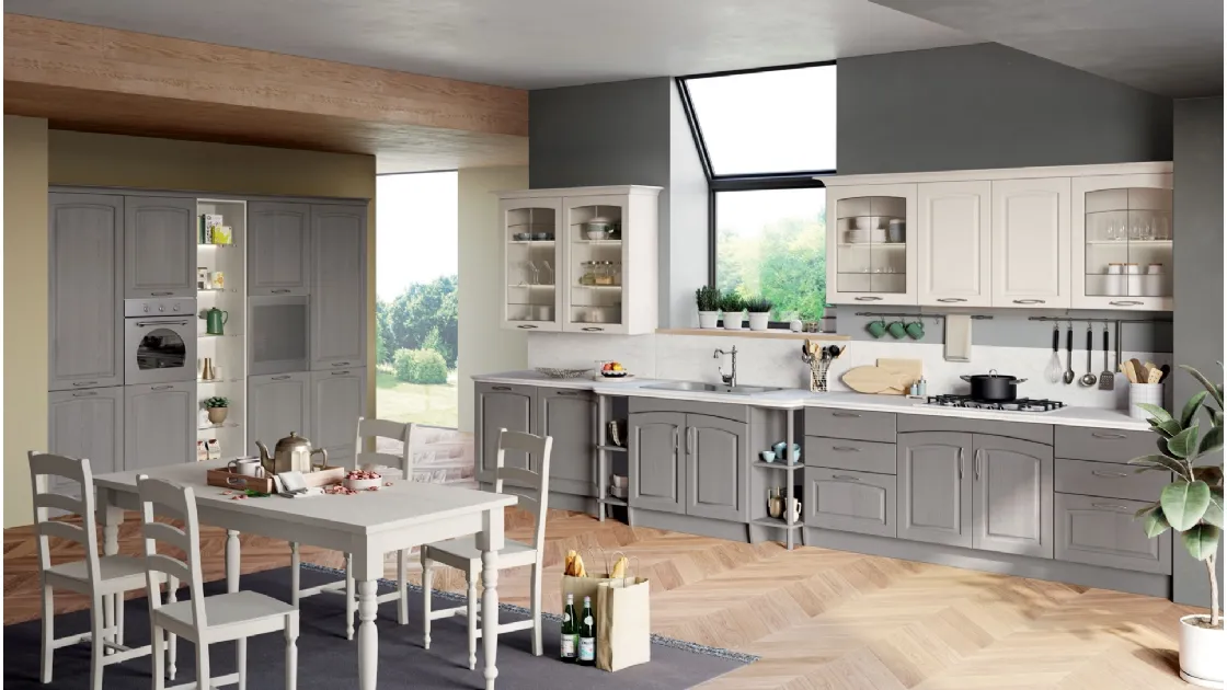 Cucina Moderna lineare Grace in Frassino Grigio Reale e frassino Bianco Camelia di Creo