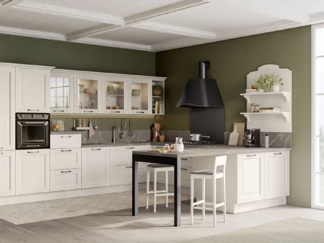 Cucina Classica con penisola Oprah 03 in legno massello laccato Bianco Camelia di Creo