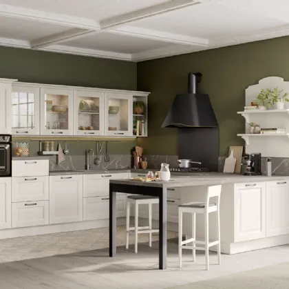 Cucina Classica angolare con penisola Oprah in legno massello laccato Bianco Camelia di Creo