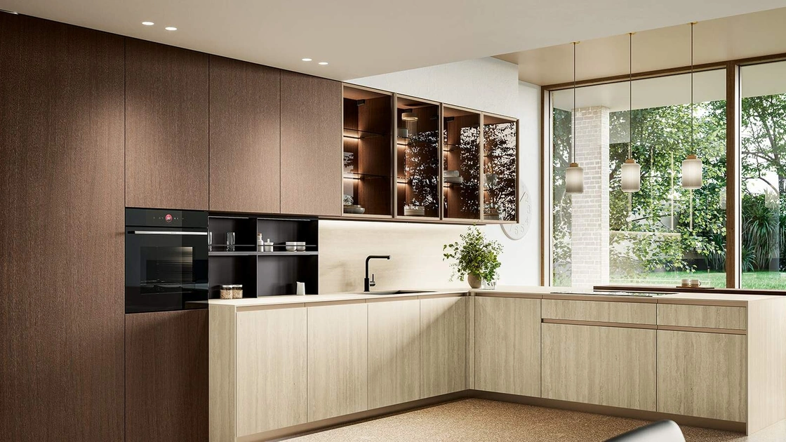 Cucina Moderna con penisola Altea Composizione 04 in laminam e legno di Prima Cucine