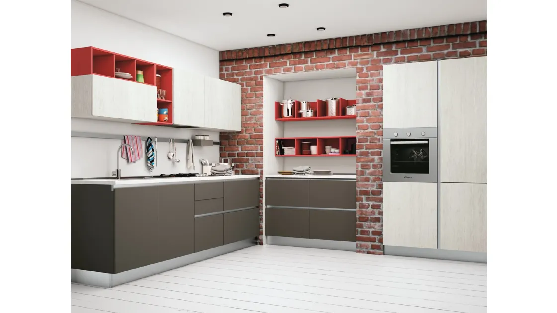 Cucina Moderna Ank in Rovere Bianco e Laccato opaco perlato Fango di Creo