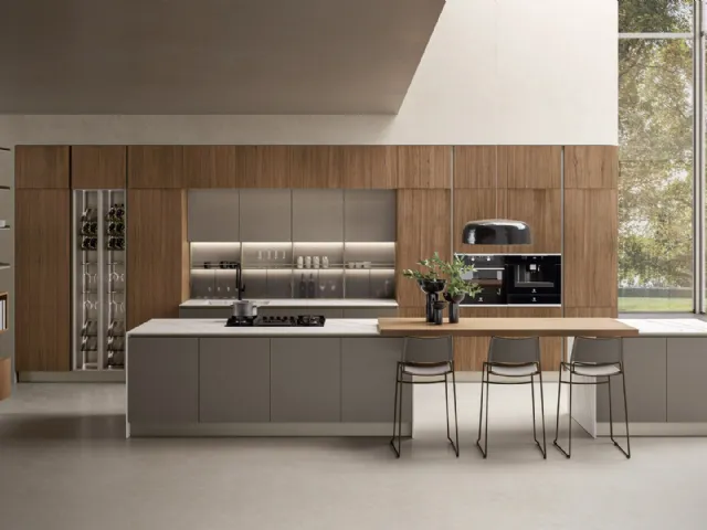 Cucina Moderna con isola Clover 20 in Noce Canaletto e laccato di Lube