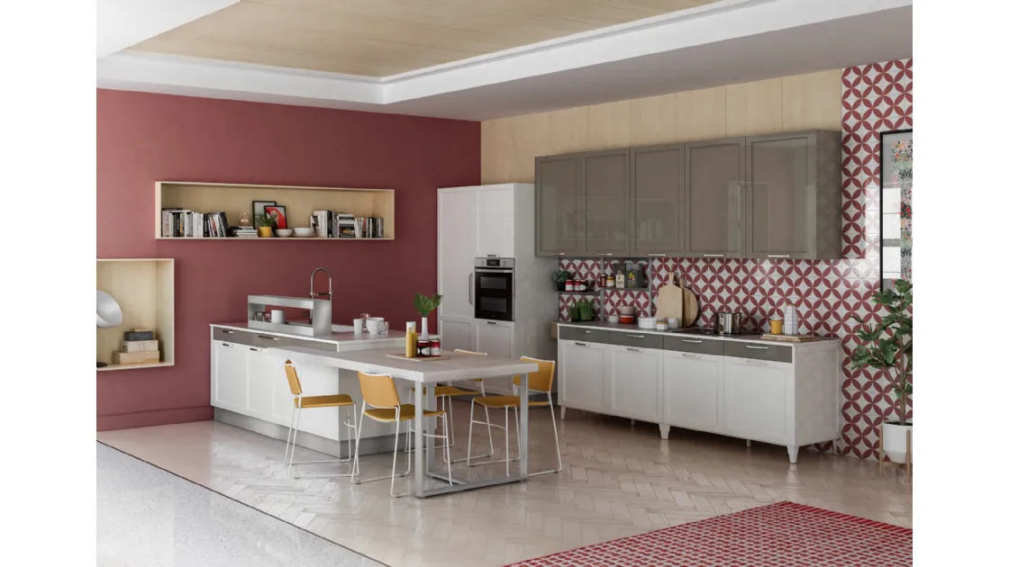 Cucina Moderna Contempo finitura Bianca con isola di Creo