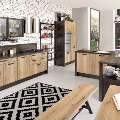Cucina Moderna con isola Kyra in melaminico Rovere Vintage Naturale e laccato Peltro di Creo