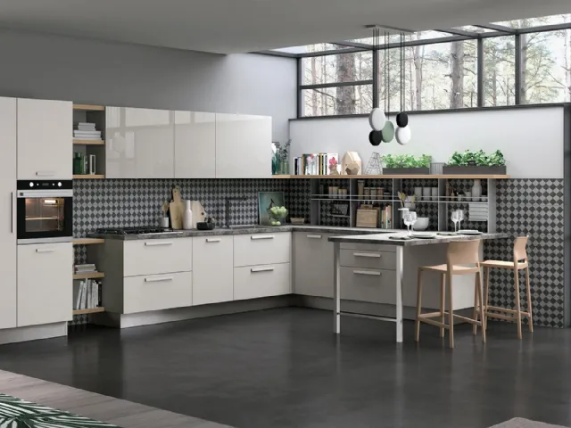 Cucina Moderna angolare con penisola Tablet in laccato Bianco opaco e lucido di Creo