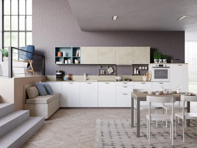 Cucina Moderna lineare Tablet Wood in Rovere Bianco e melaminico effetto marmo di Creo