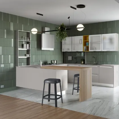 Cucina Moderna angolare con penisola Zoe in laccato opaco Grigio Seta di Creo
