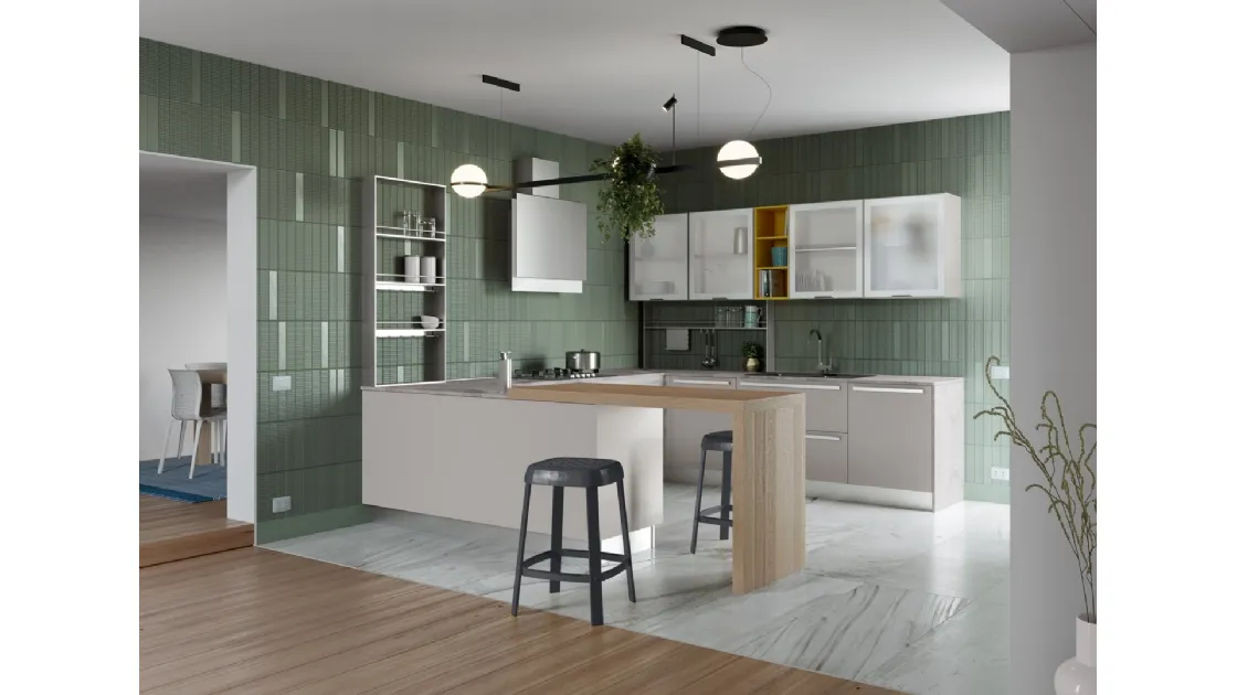 Cucina Moderna angolare con penisola Zoe in laccato opaco Grigio Seta di Creo