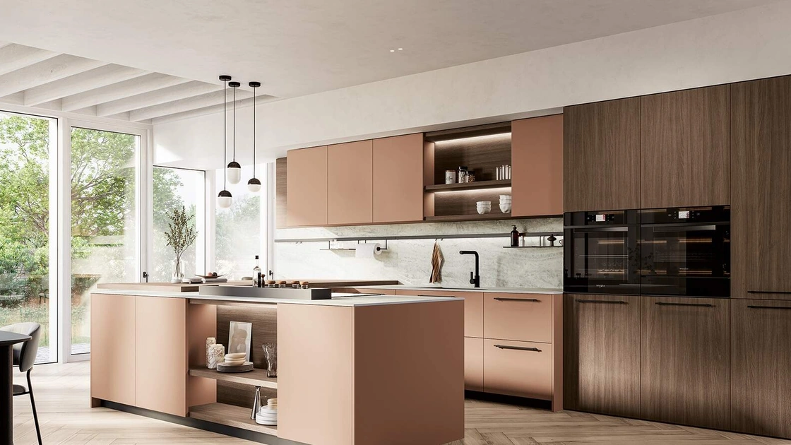Cucina Moderna con penisola Domino Composizione 02 in laccato rosa petalo di Prima Cucine