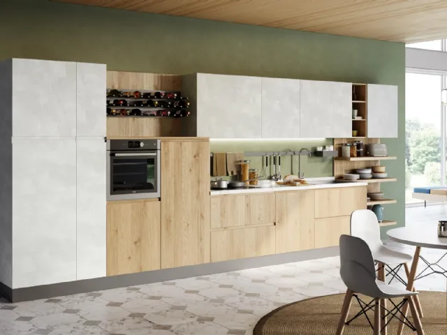 Cucina Moderna lineare Jey Feel 01 in melaminico finitura Rovere Ortisei e Stone White di Creo