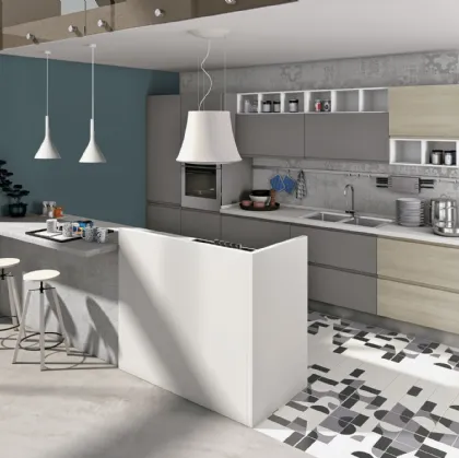 Cucina Moderna con isola Jey Feel in melaminico Grigio Antracite e Rovere Diamond di Creo