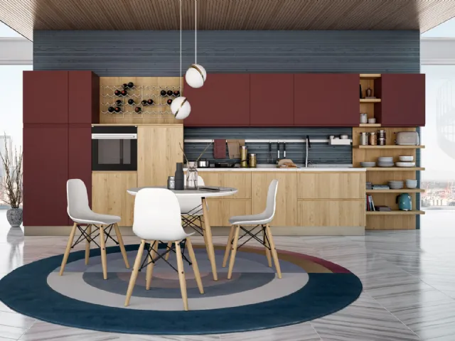 Cucina Moderna lineare Jey Feel Rovere Ortisei e Rosso Cardinale di Creo