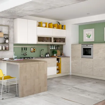 Cucina Moderna con penisola Jey Feel 09 finitura opaca marmorizzata Trani e Bianco opaco di Creo