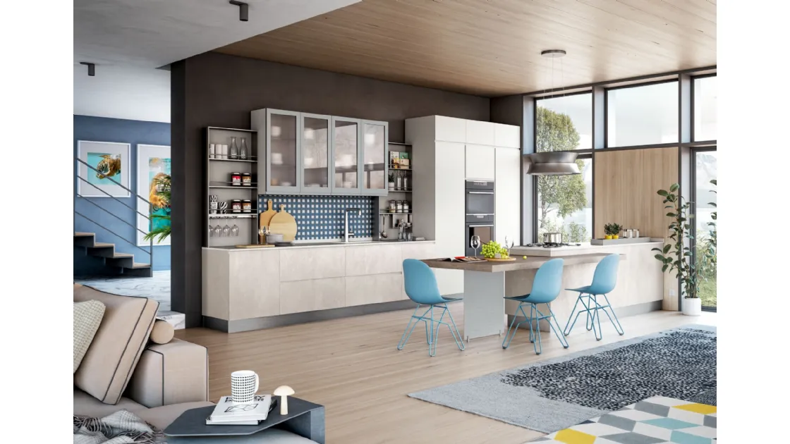 Cucina Moderna con isola Jey Feel finitura Stone White e Bianco di Creo
