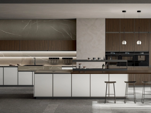 Cucina Moderna con isola Kronos 02 in pet bianco e laminato noce di Arredo3