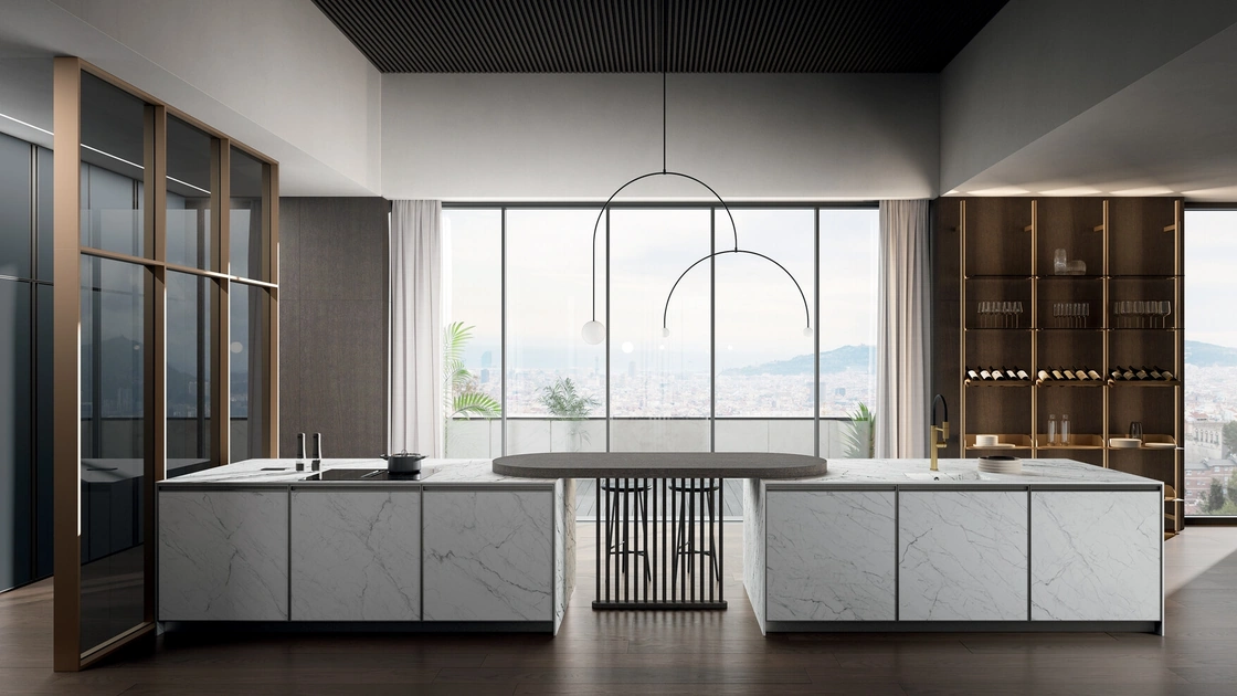 Cucina Moderna in laminam statuarietto con penisola Kronos di Arredo3