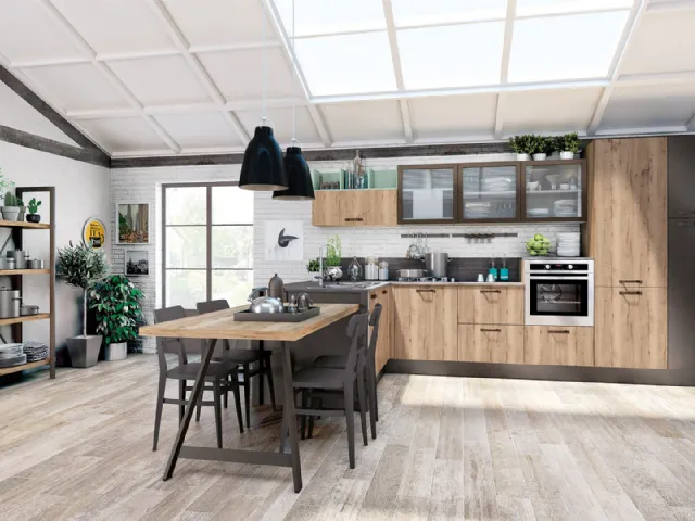 Cucina Moderna con penisola Kyra 08 in melaminico Rovere Vintage Naturale e laccato Peltro di Creo