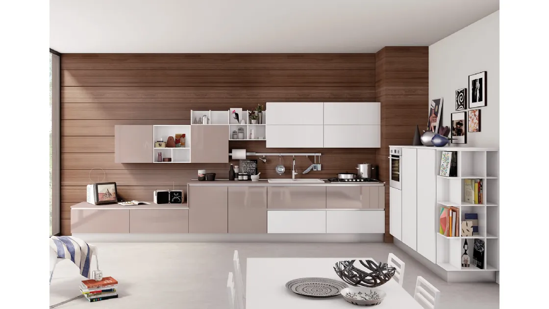 Cucina Moderna lineare Kyra Rosa Colorado opaco effetto vetro e Bianco lucido effetto vetro di Creo