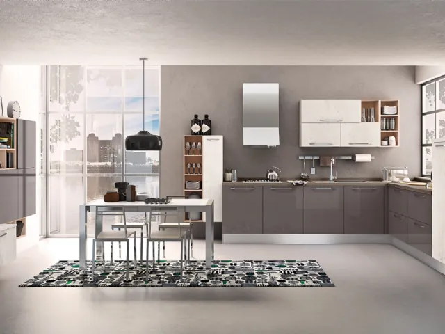 Cucina Moderna angolare Kyra in laccato lucido Fango e melaminico Abete Nordico Bianco di Creo