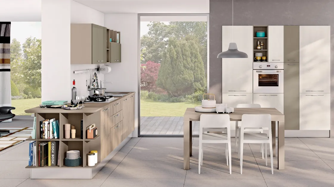 Cucina Moderna lineare Kyra finitura Rovere Cipria e laccato lucido Verde Lichene di Creo
