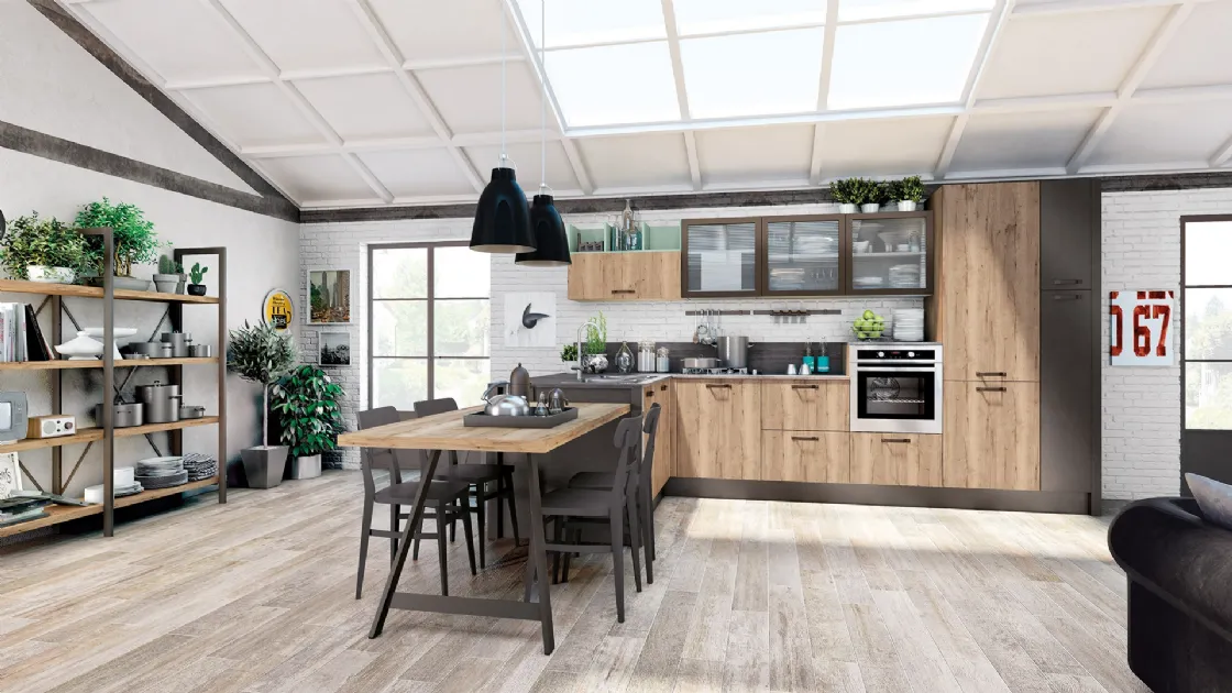 Cucina Moderna angolare Kyra in melaminico Rovere Vintage Naturale e laccato Peltro di Creo