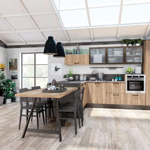 Cucina Moderna Kyra Rovere Naturale Vintage con Penisola di Creo